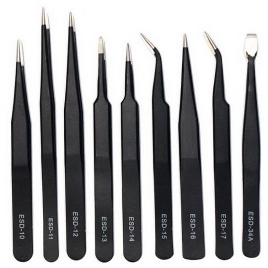 9pcs Non-magnetic Steel Fine Tip Anti-static Tweezers - Click Image to Close